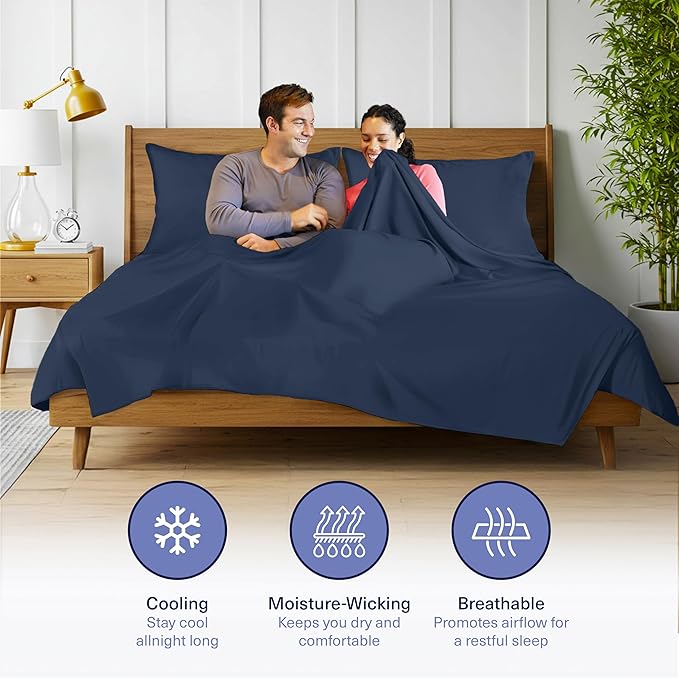 Kickoff Viscose Bamboo Sheets Queen Size 4-pc 100% Organic Bamboo Viscose Bed Cooling Sheets Queen Size Set Cool Bedding for hot Sleepers Sheet, Flat, Fitted, Pillowcases (Navy, Q)