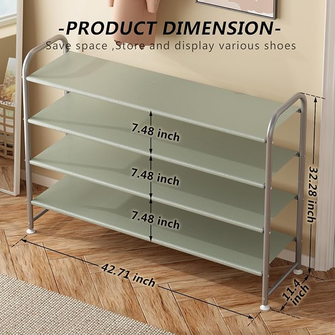 INGIORDAR Shoe Rack 4 Tier Long Storage Organizer Wide Metal Shoe Shelf for Closet Entryway Grey - Image 3
