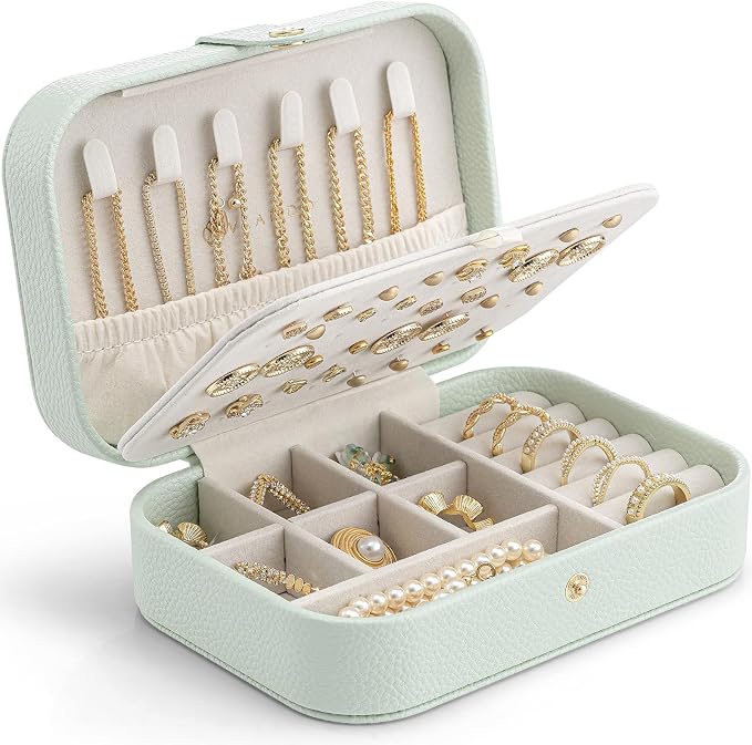 VLANDO Travel Jewelry Case for Women Girls Mothers, PU Leather Portable Small Jewelry Box for Rings, Necklaces, Bracelets, Earring Holder Organizer Storage for Travel, Bridesmaid Gifts - Mint Green by VLANDO