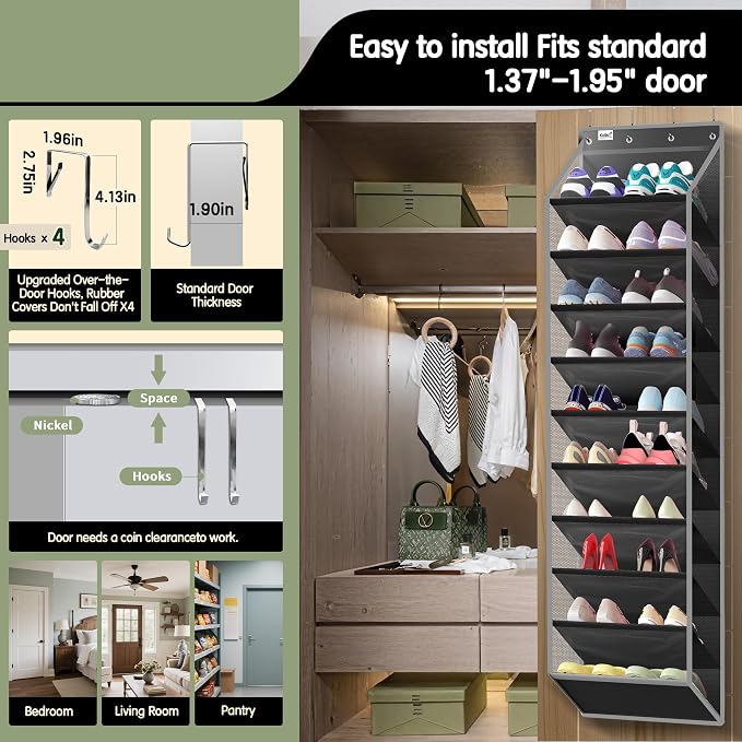 Kotkn 10 Tier Over The Door Organizer - Heavy Duty Hanging Storage Rack with Sturdy Oxford Fabric, Holds 20+ Pairs of Footwear, Boots & Sneakers, Saves 50% Closet Space (Black) - Image 4