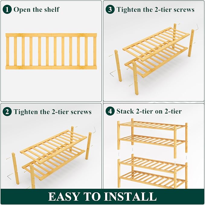 Smiry Shoe Rack, 4 Tier Thick Bamboo Shoe Organizer, Stackable Free Standing Wooden Shoe Storage Shelf for Closet, Entryway, Front Door Entrance, Natural - Image 5
