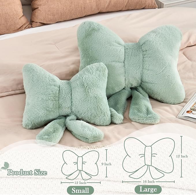 XVTRU Sage Green Bow Pillow, Soft Bow Decorative Pillows with Faux Rabbit Fur, Cute 12" Bow Throw Pillows, Aesthetic Home Decor Bow Shaped Plush Pillow for Bedroom Sofa Couch