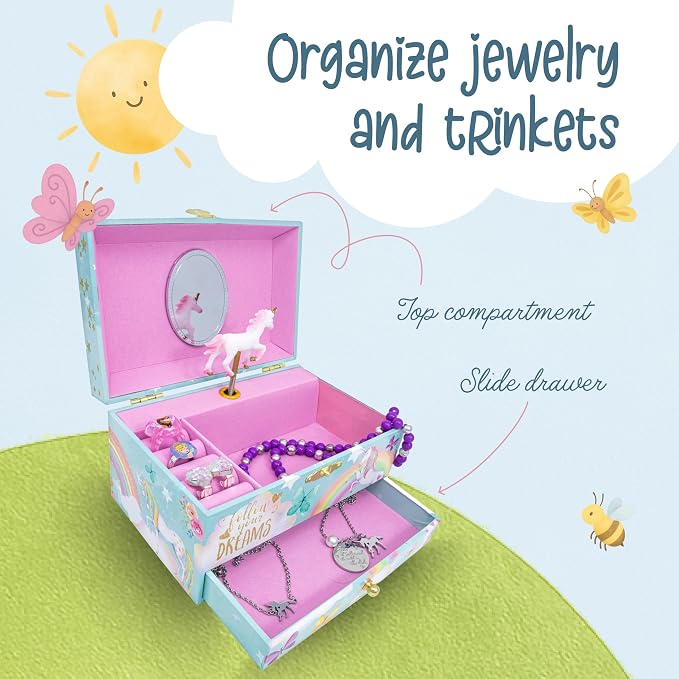 The Memory Building Co Unicorn Musical Jewelry Box Plays Classic Melody, Storage Organizer Music Box for Kids Ages 6-12, MDF Wood w/ 2 Fabric Lined Ring Bracelet Necklace Treasure Compartments - Image 2