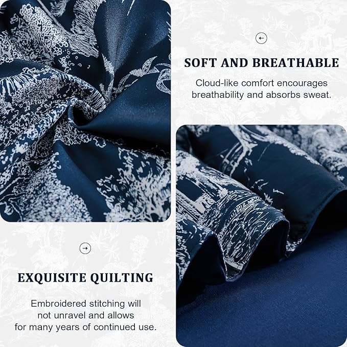 DJY King Size Comforter Sets, 7 Pieces Bed in a Bag King Dark Blue Botanical Comforter Set with Sheets, White Elegant Plants Print Soft Microfiber Reversible Complete Bedding Sets for All Season