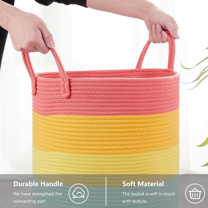 80L Extra Large Rainbow Laundry Hamper Basket for Girls Kids Tall Unicorn Baby Nursery Hamper for Clothes Woven Rope Blanket Toy Basket in Living Room Playroom Bedroom 16"D x 22"H - Image 5