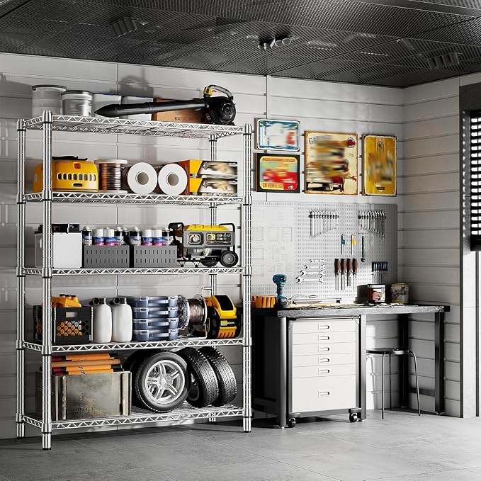 REIBII 5 Tier Metal Shelving Storage Shelves, 71''H Adjustable Wire Shelves Garage Shelving Unit for Kitchen, Pantry, Laundry Room, Warehouse, Office, 71H X 35.5W X 14D, Chrome - Image 9