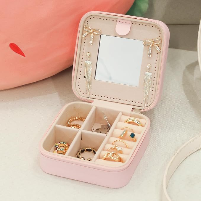 Travel jewelry case,Small Jewelry Box Organizer with Mirror, Gift for Women Girls,3.9"x3.9",Pink,1Pack - Image 6