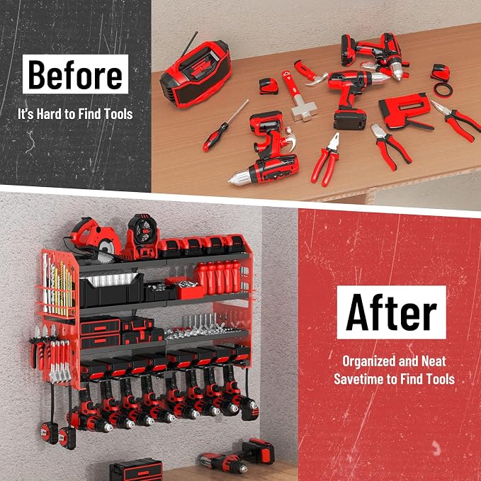 Large Power Tool Organizer Wall Mount with Charging Station, 4 Layer Heavy Duty Metal Cordless Tool Organizer, Tool Storage Rack with 8 Cordless Drill Holder Screwdriver Hammer(Red) - Image 3