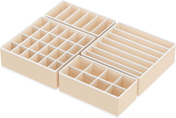 Simple Houseware 4-Pack Drawer Organizer Set - Closet Dividers for Underwear, Socks, Bras, Scarves, Ties - Foldable Non-Woven Storage Boxes, Beige - Image 2