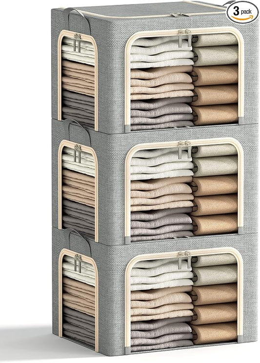 3 Openings Clothes Storage Bins with Metal Frame, Foldable Storage Bin for Clothes, Clothing Storage Bins with Lid, Linen Storage Box With Clear Window＆ Zippers＆ Durable Handles.(3 Pcs,Light Grey,40L) by Furnhome