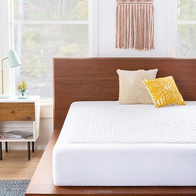 Linenspa Waterproof Mattress Pad – 44" x 52" Non Slip Waterproof Sheet and Mattress Protector – Highly Absorbent, Machine Washable, Quilted – Fits Full & Queen, White
