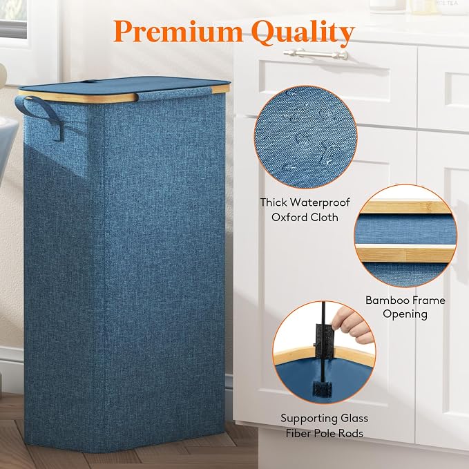 Lifewit 75L Slim Laundry Hamper with Lid, Narrow Laundry Basket with Removable Bag & Bamboo Handles, Fodable Thin Dirty Clothes Hamper for Laundry Collapsible Bin for Bathroom Bedroom Dorm, Dark Blue - Image 7