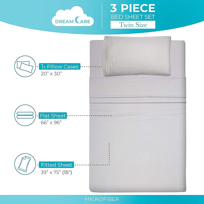 DREAMCARE Twin Sheets - 3 pcs Breathable Cooling Bed Sheets - up to 15" Deep Pocket Twin Bed Sheets with Side Pockets - Extra Soft 100% Brushed Hypoallergenic Hotel Luxury Bedding - Light Gray
