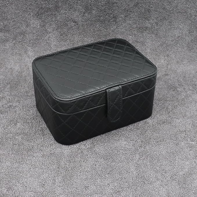 Jewelry Travel Case, 2-Layer Jewelry Box Organizer Medium Jewelry Travel Box, Portable Faux Leather Jewellery Storage Boxes with Argyle for Women, Daily Jewellery Case Home Use (Pure black) - Image 4