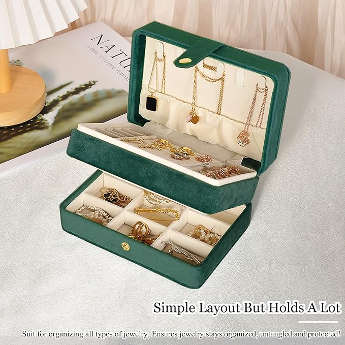 MODENGKONGJIAN Jewelry Organizer Box, 2-Layer Large Jewelry Storage Case, Portable Travel Jewelrys Display Holder for Earrings, Necklaces, Bracelets (Green,Velvet) - Image 4