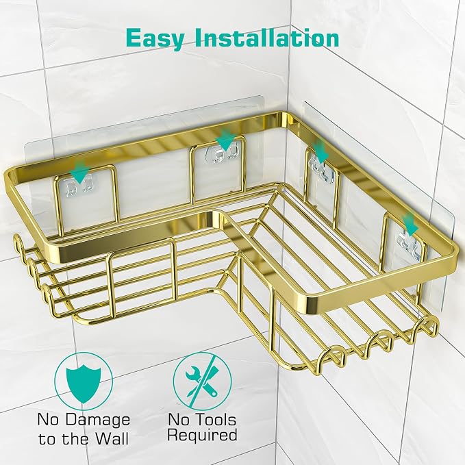 YASONIC Corner Shower Caddy, 3-Pack Adhesive Bathroom Caddy with Soap Holder and 12 Hooks, Rustproof Stainless Steel Shower Organizer, No Drilling Wall Mounted Shower Rack, for Bathroom, Gold - Image 5