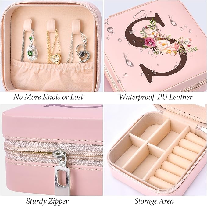 Inngeroo Mothers Day Mom Gifts for Wife Daughter Grandma, Travel Jewelry Case Box Organizer, Personalized Gifts for Women Teen Girls Mom Aunt Sister, Bridesmaid Gifts Traveling Essentials, Initial S - Image 3