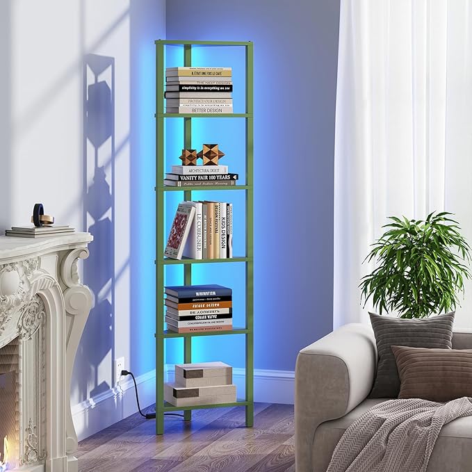 TUTOTAK Corner Shelf with LED Light, 6-Tier Corner Bookshelf for Small Space, Narrow Display Corner Shelf Stand with Storage Rack, for Living Room, Bedroom, Olive Green BS05BOG006L - Image 7