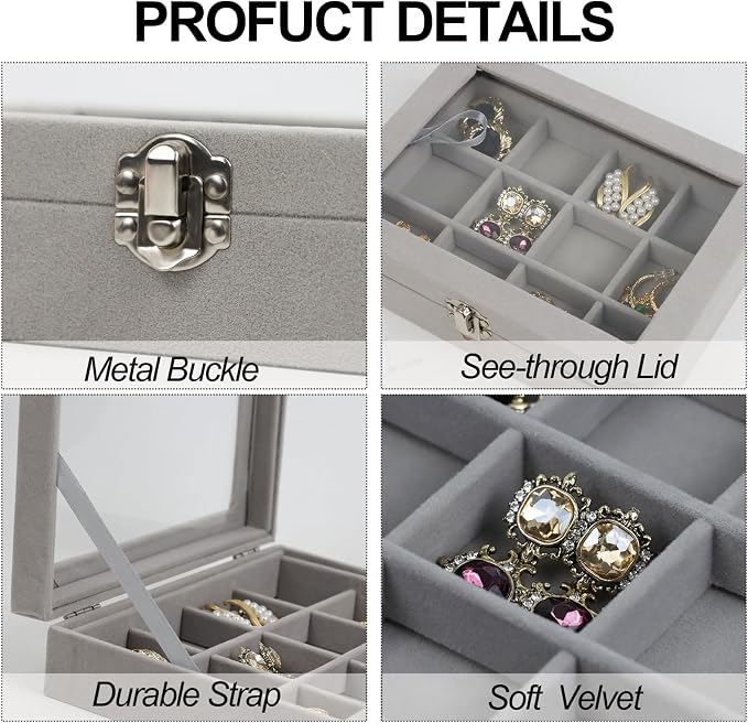 Fordonral Velvet Jewelry Organizer Box, Jewelry Drawer Organizers Trays, Earring Ring Necklace Holder Display Case (Gray, 12 Grid Box) - Image 6