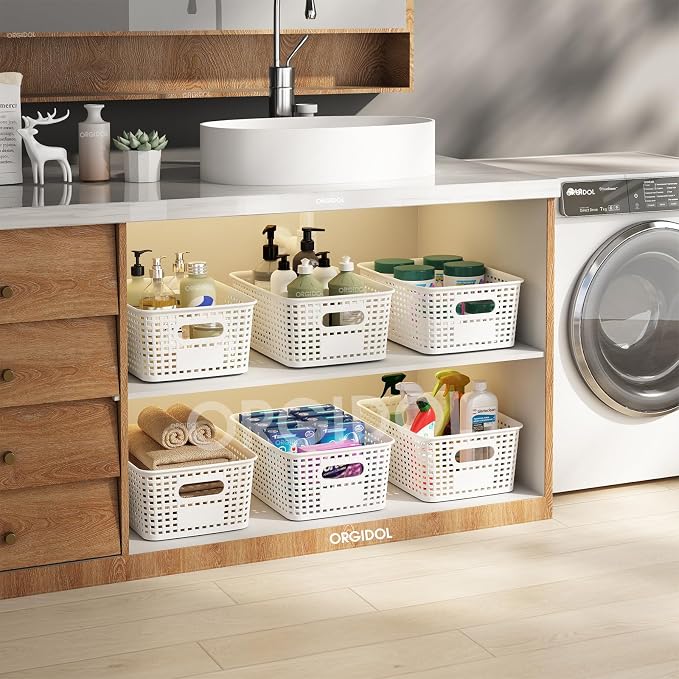 ORGIDOL Plastic Storage Basket with Lids 10 Pack Stackable Storage Bins Containers with Lid, Decorative Storage Boxes for Organizing Shelves, Drawers, Playroom, Classroom, Office, Closet, White - Image 4