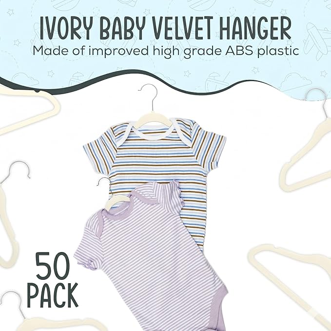 TechZoo 50 Premium Baby Velvet Hangers - 11.8" Non-Slip, Ultra-Slim Space-Saving Children Closet Hangers - 360° Swivel Hook, Strong & Durable Infant & Toddler Clothes Hangers for Wardrobe - Ivory - Image 3