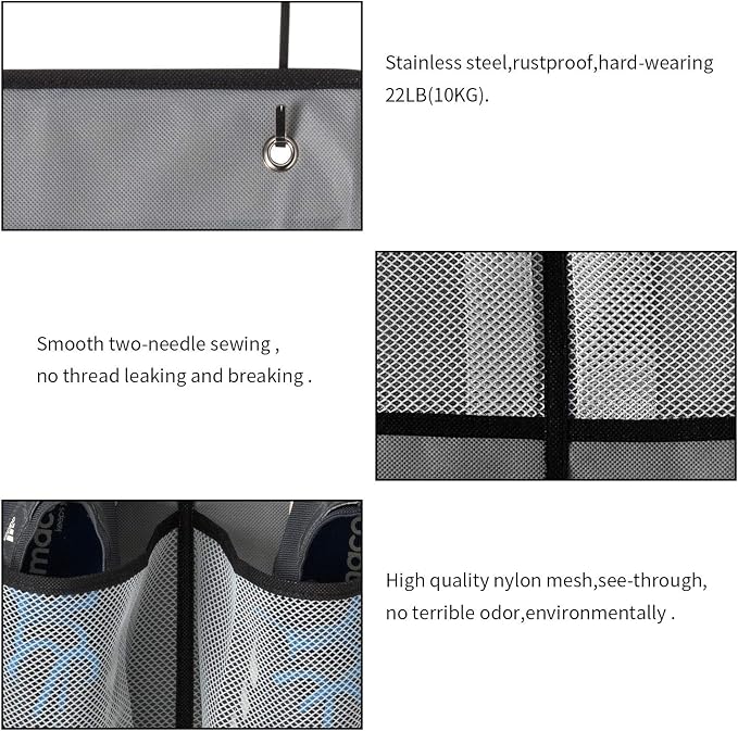 KEEPJOY Over The Door Shoe Organizer 2 Pack,Mesh Pockets Hanging Shoe Rack Over The Door,Shoe Storage Closet with 4 Hooks,Washable and Breathable Fabic,Large Size 57.5×12.6inch(Grey) - Image 7