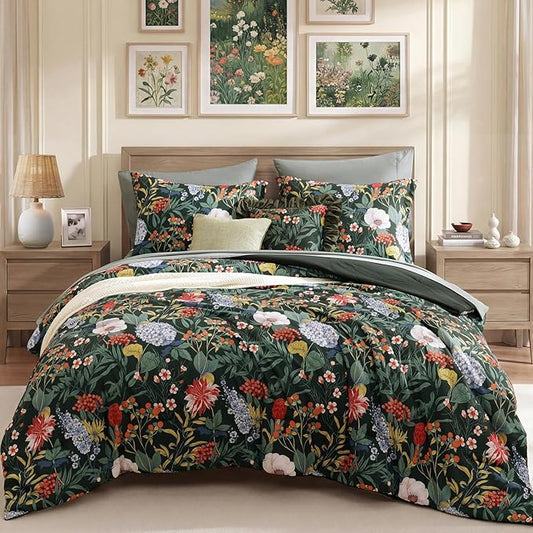 CASAAGUSTO Queen Comforter Set-7 Pieces Green Botanical Floral Bedding, Flowers Printed Design Queen Bed in a Bag with Botanical Flowers Comforter, Sheets, Pillowcases & Shams