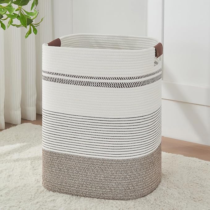 AINUOQI Laundry Hamper - Tall Woven Rope Laundry Basket - Clothes hamper with Leather Handles, 17" X 13.8" X 22", Blanket Storage Basket for Living Room, Rice Brown & White by AINUOQI