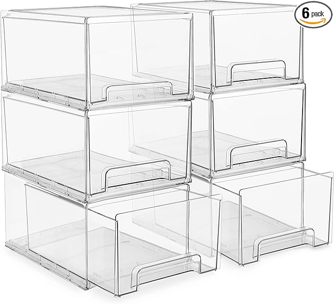 Sorbus Large Clear Stackable Storage Drawers – 6-Pack Plastic Organizer Bins with Handles – Stackable Pull-Out Storage Drawers for Closet, Pantry, Office, Bathroom, Craft, and Toy Organization by Sorbus