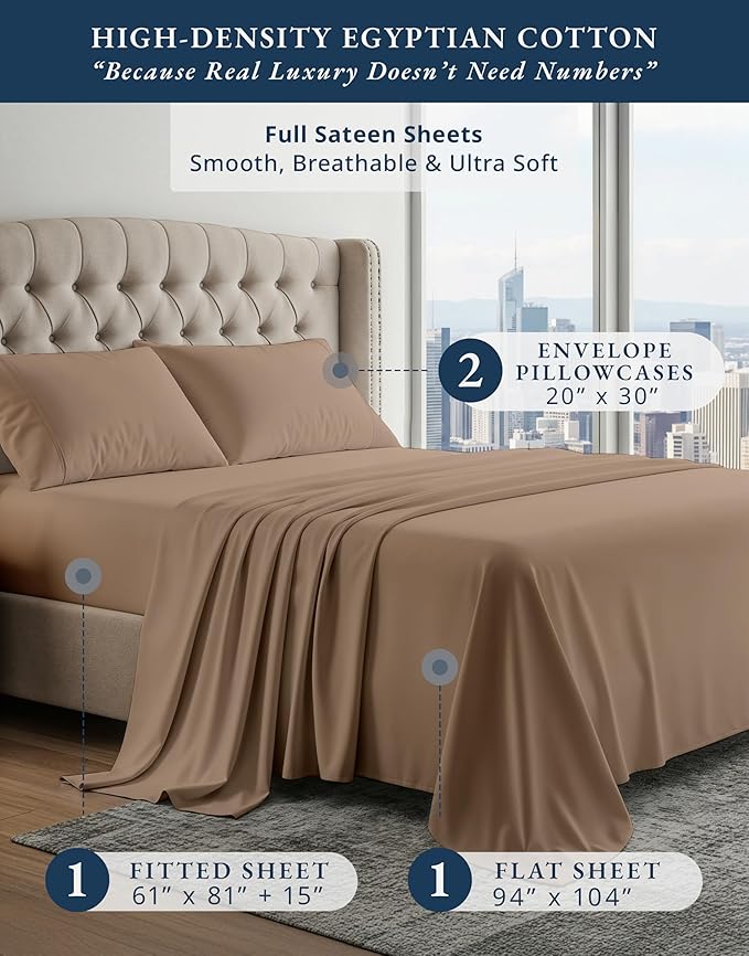 LANE LINEN 100% Egyptian Cotton Full Size Bed Sheets, Machine Washable Naturally Temperature regulating Sustaibable No Pill Fade Resistant Full Size Sheets Set Cotton - Taupe