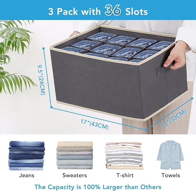 3 Pcs 12 Cell Large Size Pants Organizers for Clothes, Jeans, Sweater, T-shirt, Dress Stackable for Wardrobe Closet Drawer Organizer Storage Bin Container, Dark Grey - Image 2