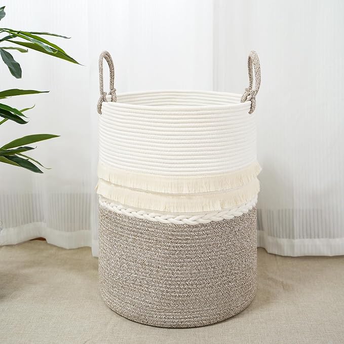 danpinera 79 L Large Laundry Basket, Tall Woven Cotton Storage Hamper with Handles, Dirty Clothes Hamper in Bathroom, Decorative Storage Basket for Living Room White & Brown - Image 6
