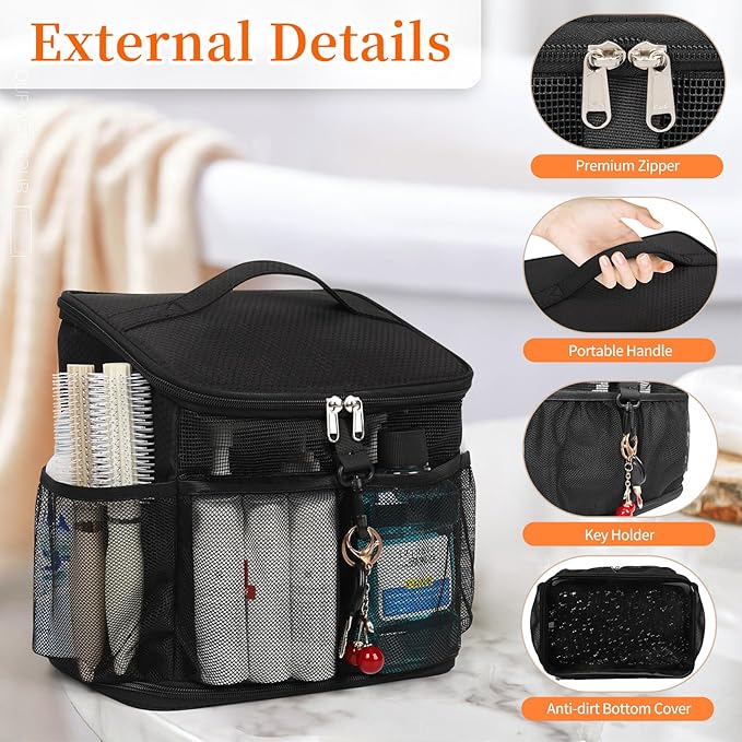 CUBETASTIC Shower Caddy Portable Mesh Shower Tote for Bathroom, Gym, Travel, Camping - Quick Dry Hanging Organizer Toiletry Bag with Handle for College Dorm Room, Men & Women (A# Black, 9.8") - Image 3