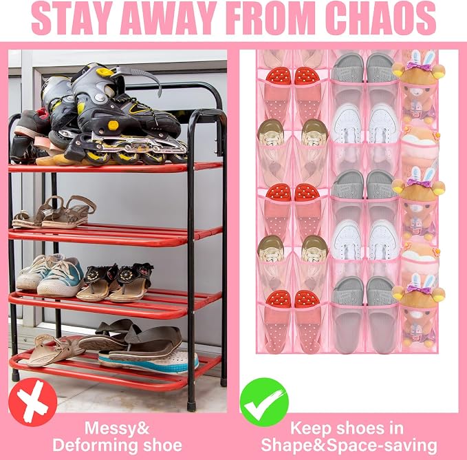 Windyun 40 Over the Door Shoe Organizer Large Breathable Mesh Pockets Pink Hanging Shoe Rack for Closet Behind Door Hanger Storage Holder Nonslip Hooks for Women Entryway Bedroom Utility Room - Image 2