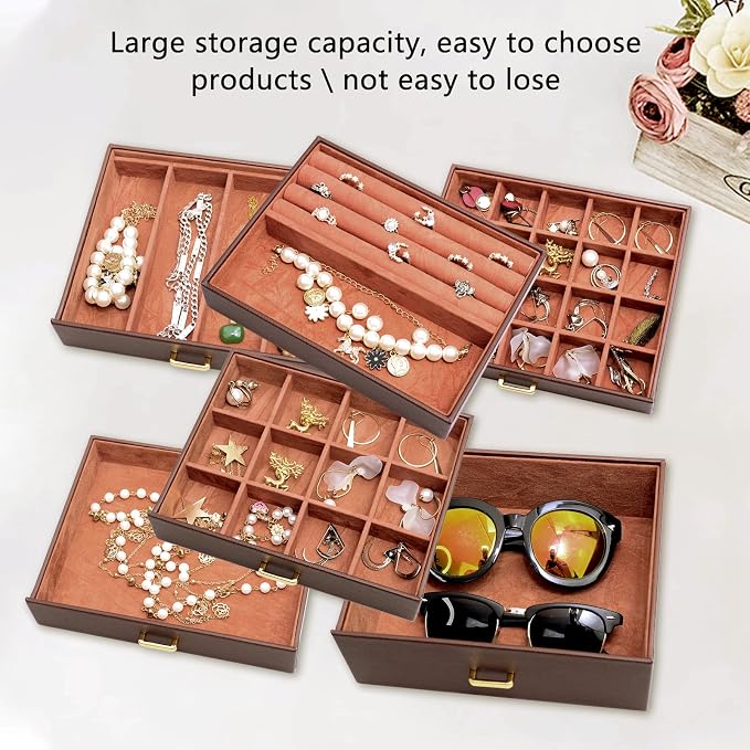 AKOZLIN Extra Large 6-Tier Jewelry Box Organizer with Mirror, 5 Drawers Leather Jewelry Storage Case for Women Girls Ring Necklace Earring Bracelet Brown - Image 5