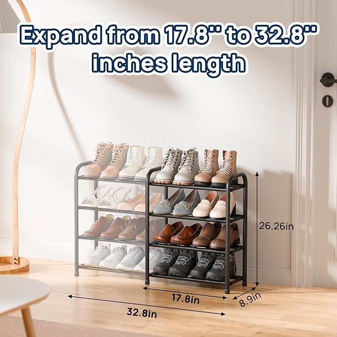 ENJOYBASICS 4 Tier Expandable Shoe Rack for Closet, Free Standing Metal Shoe Shelf Storage Organizer Holder 16 Pairs, Adjustable Width Shoe Rack for Entryway Small Space, Black - Image 2