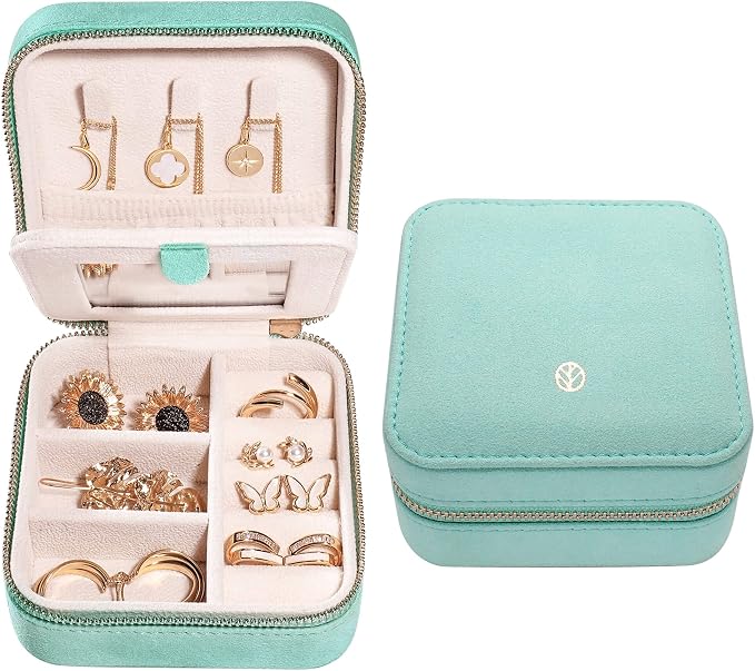 S.Leaf Travel Jewelry Organizer Boxes for Women Small Portable Necklace Earrings Bracelet Rings Travel Case Best Friend Birthday Gifts for Women Trendy (07_Suede_Touch_Mint_Green) by SLeaf