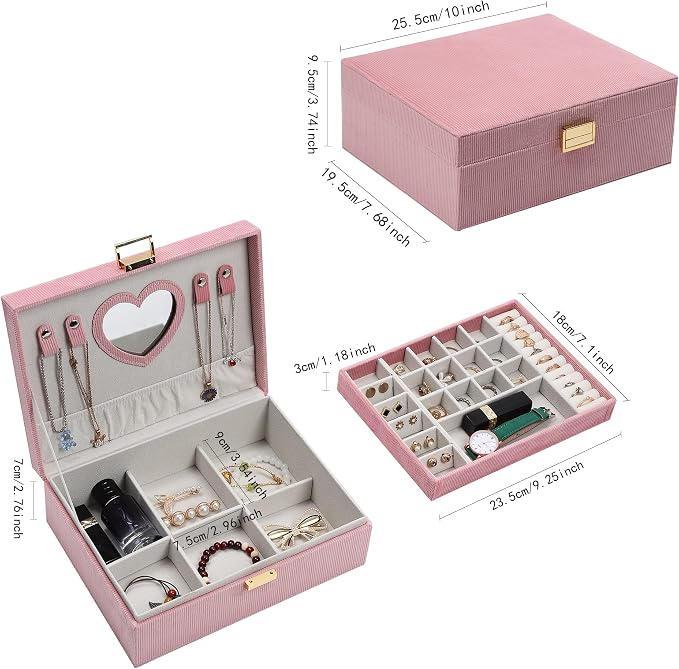 Dajasan Jewelry Boxes for Women Girls, Jewelry Organizer Box, 2-Layer Large Velvet Jewelry Organizer for Rings Necklaces Bracelets Watch Earring（Pink） - Image 2