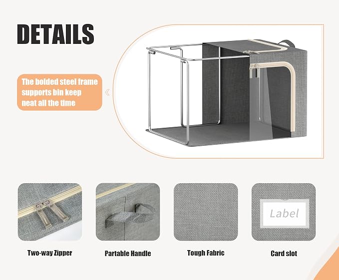 3 Opeings Large Clothes Storage Bins with Metal Frame, Foldable Storage Bin for Clothes, Clothing Storage Bins with Lid, Linen Storage Box With Clear Window＆ Zippers＆ Handles.(3 Pcs,Light Grey,66L) - Image 4