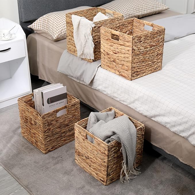 12x12in Storage Baskets Set of 4 Water Hyacinth Baskets,Foldable Handwoven Storage Cubes,Wicker Cube Baskets Laundry Organizer Totes for Home - Image 6