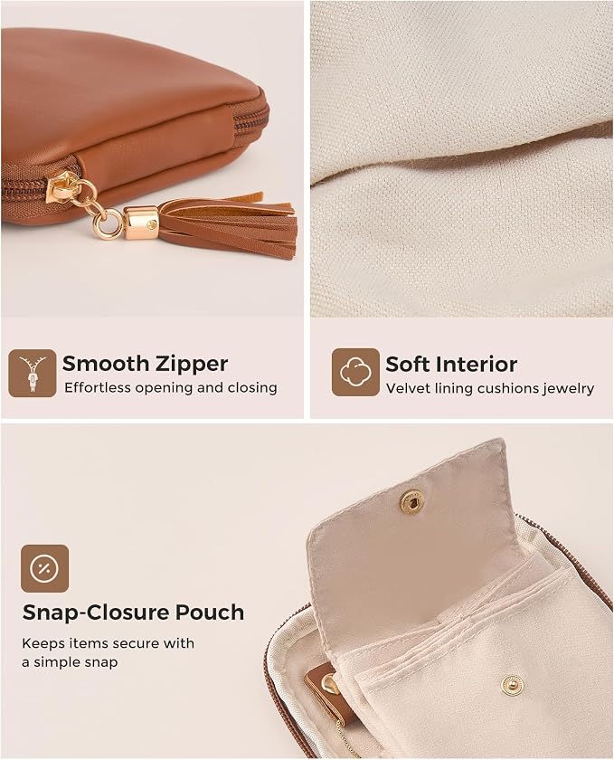 Lolalet Travel Jewelry Case Organizer, Small Jewellery Pouch with Compartments for Storage, Soft Velvet Bag for Traveling Women, Full-Zip Packing for Necklaces, Earrings, Bracelets -Brown - Image 6