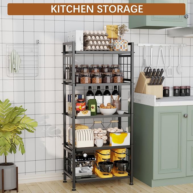 GIOTORENT 5-Tier Kitchen Storage with Wooden Boards, Heavy Duty Storage Shelves & Bookshelf, Adjustable Metal Shelving Unit for Garage Kitchen Bathroom Laundry Organizer, 750LB Capacity, Black - Image 2