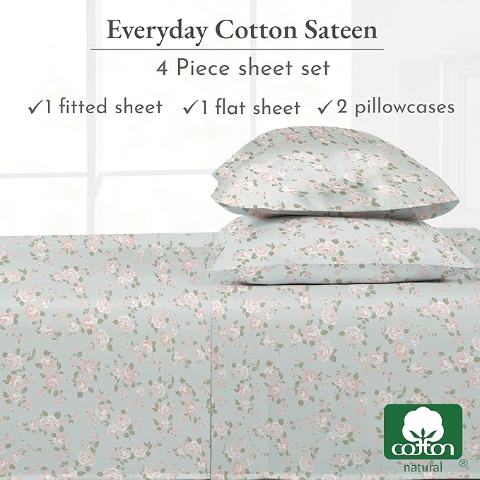 California Design Den Sheet Set Rose King Size Bed Sheets, Deep Pocket King Sheets & Pillowcase Set, Soft Sateen Weave - Vintage Rose