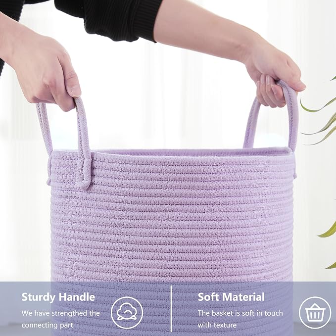 60L Large Purple Laundry Hamper Basket for Nursery Kids Tall Lavender Blanket Basket for Girls Cotton Rope Lilac Clothes Hamper in Bedroom 15Dx20H inches - Image 4