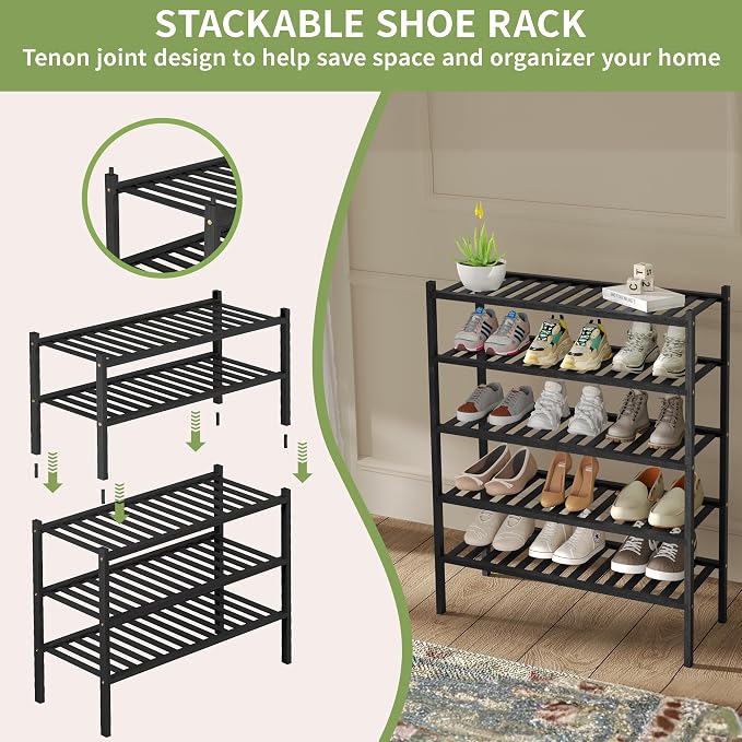 ROMGUAR CRAFT 3 Tier Bamboo Shoe Rack for Closet Free Standing Wood Shoe Shelf Storage Organizer for Entryway Small Space Stackable 27"x11"x20" (Black) - Image 5
