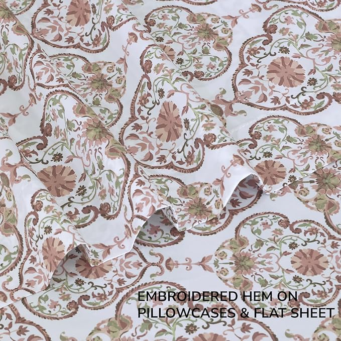 Feather & Stitch Printed 500 TC Queen Size 4pc Damask Bed Sheet Set, 100% Soft Cotton Breathable Bedsheets, 18" Deep Pockets Sateen Weave Striped Bedding Mattress Resort Hotel Luxury - Floral Bloom