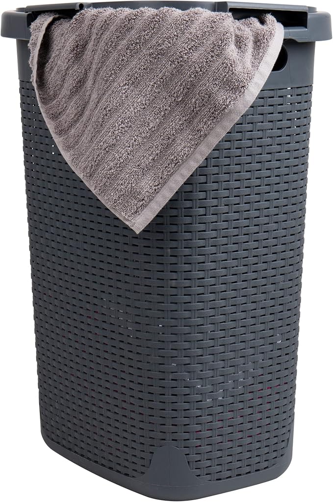 Mind Reader Slim Laundry Hamper with Lid, 60L Tall Clothes Basket, Narrow Tapered Design for Bathrooms, Closets and Laundry Rooms, Plastic, Gray by MindReader