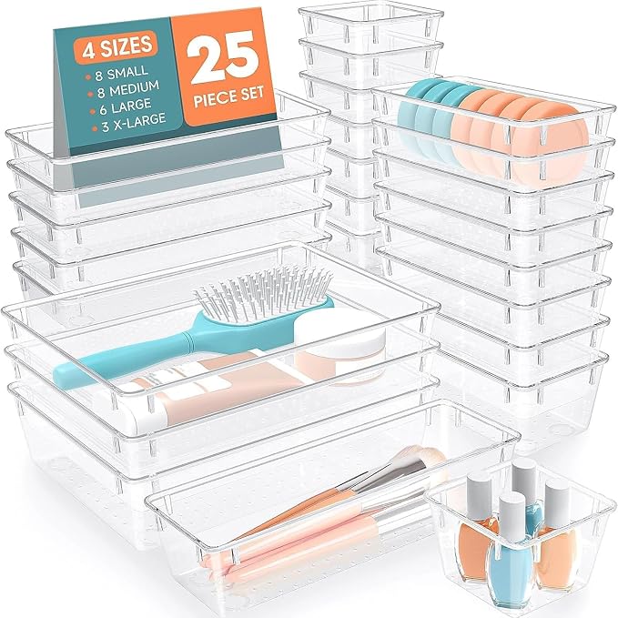 SpaceHacks 25 PCS Plastic Drawer Organizer Set, 4-Size Versatile Organizer Trays & Storage Bins for Makeup, Jewelry, and Gadgets in Bathroom, Bedroom and Office,Clear White by SpaceHacks