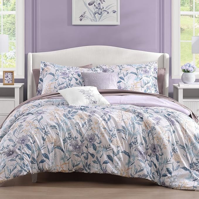 CASAAGUSTO Queen Comforter Set, 7 PCS Purple Iris Floral Comforter Set with Flowers Leaves Pattern, Soft Seersucker Design All Season Queen Size Bedding Set(90"X90")