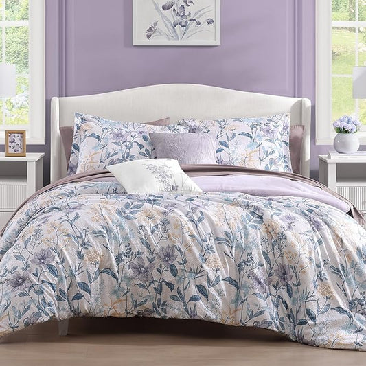 CASAAGUSTO Queen Comforter Set, 7 PCS Purple Iris Floral Comforter Set with Flowers Leaves Pattern, Soft Seersucker Design All Season Queen Size Bedding Set(90"X90")